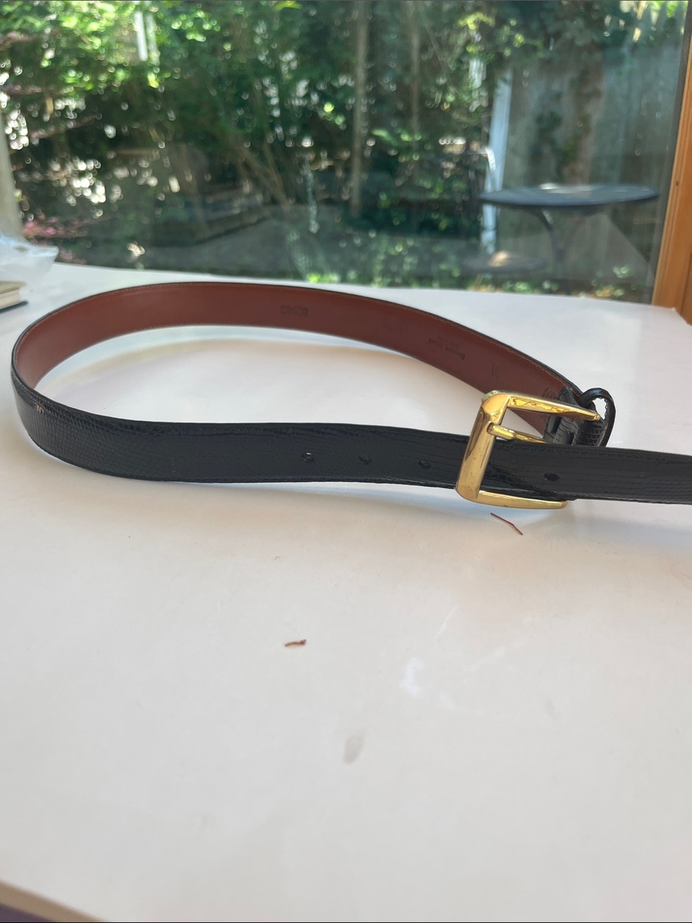 TORINO  women’s black lizard belt, Italy, brass buckle, 30”, never worn